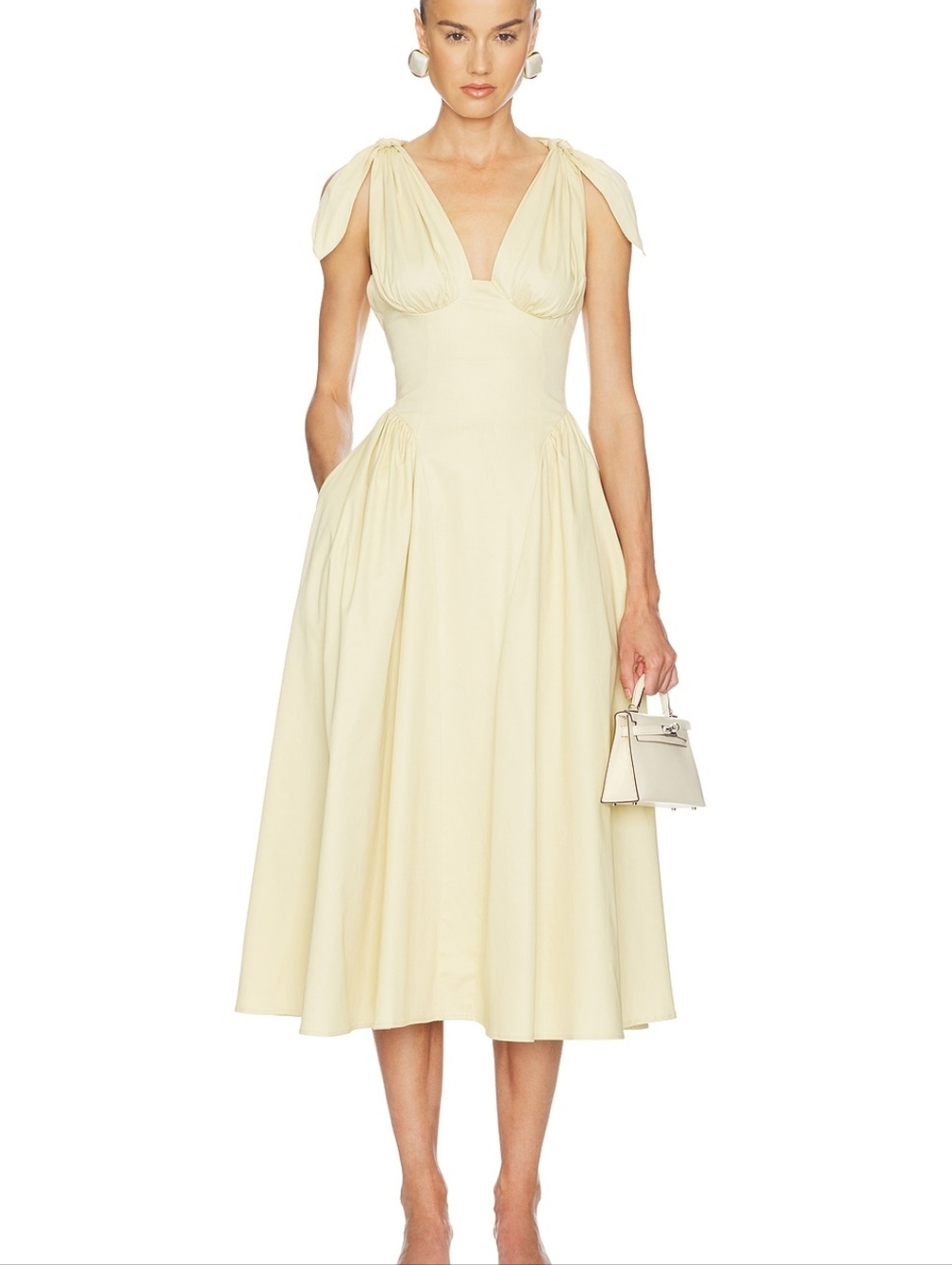 Helsa Fairweather Midi Dress in Stretch Cotton Sateen in Hay